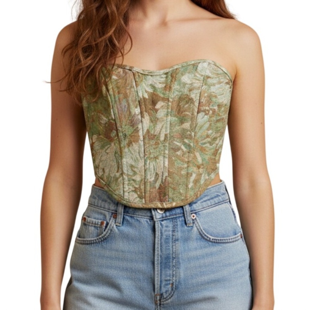 TIC TOC Cream/Green FLORAL TAPESTRY Corset Bustier Top STRAPLESS Lace-Up Back M